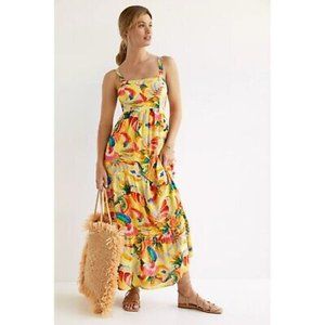 Anthropologie Farm Rio Textured Tropical Yellow Maxi Dress Size XS